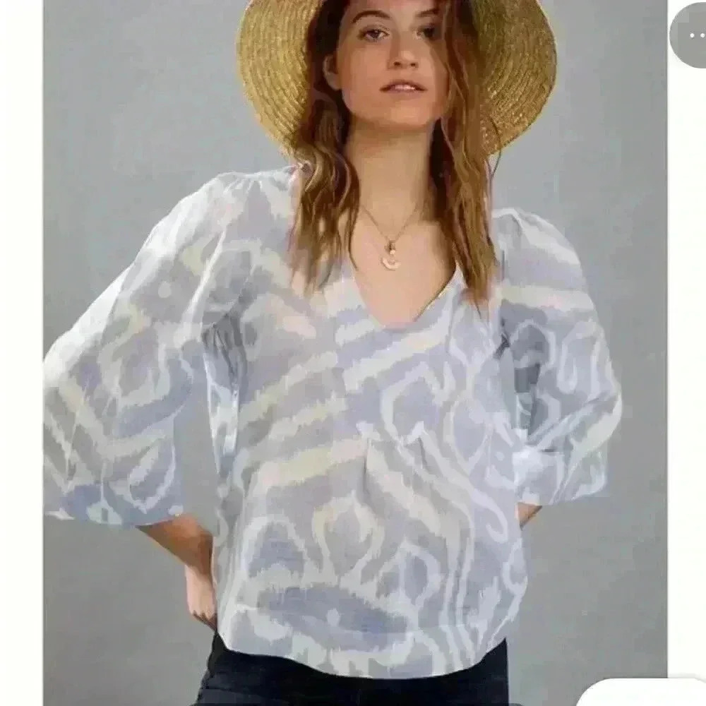 Anthropologie tops | Anthropologie Laverne kimono blue white blouse pullover - Picture 1 of 9